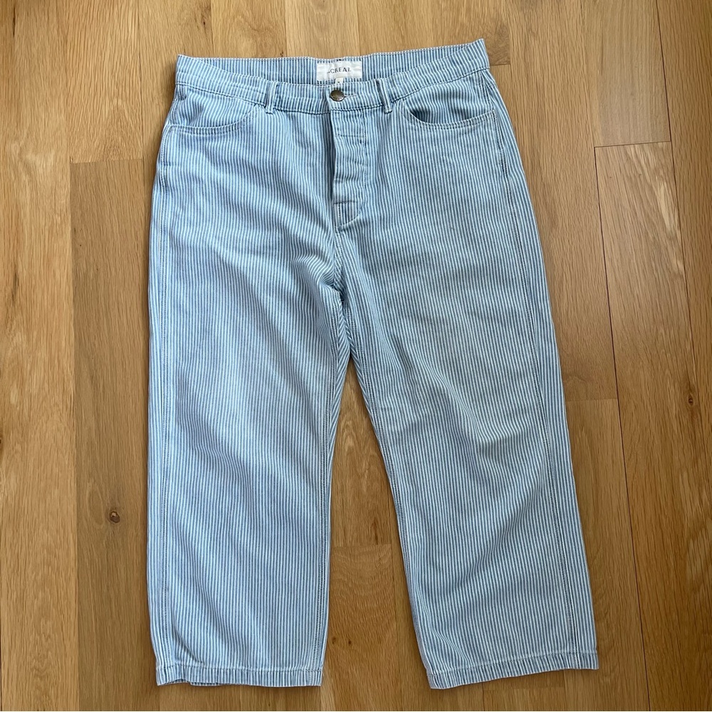 THE GREAT. Light Blue Striped Cropped Ankle Pants